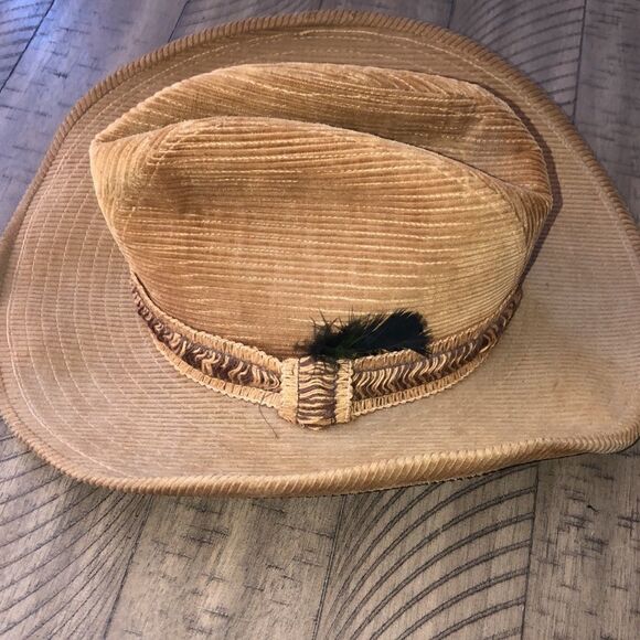 Country Gentleman’s Corduroy Wide Brim Ranch Hat in Tan Feather and braid accent main image 14